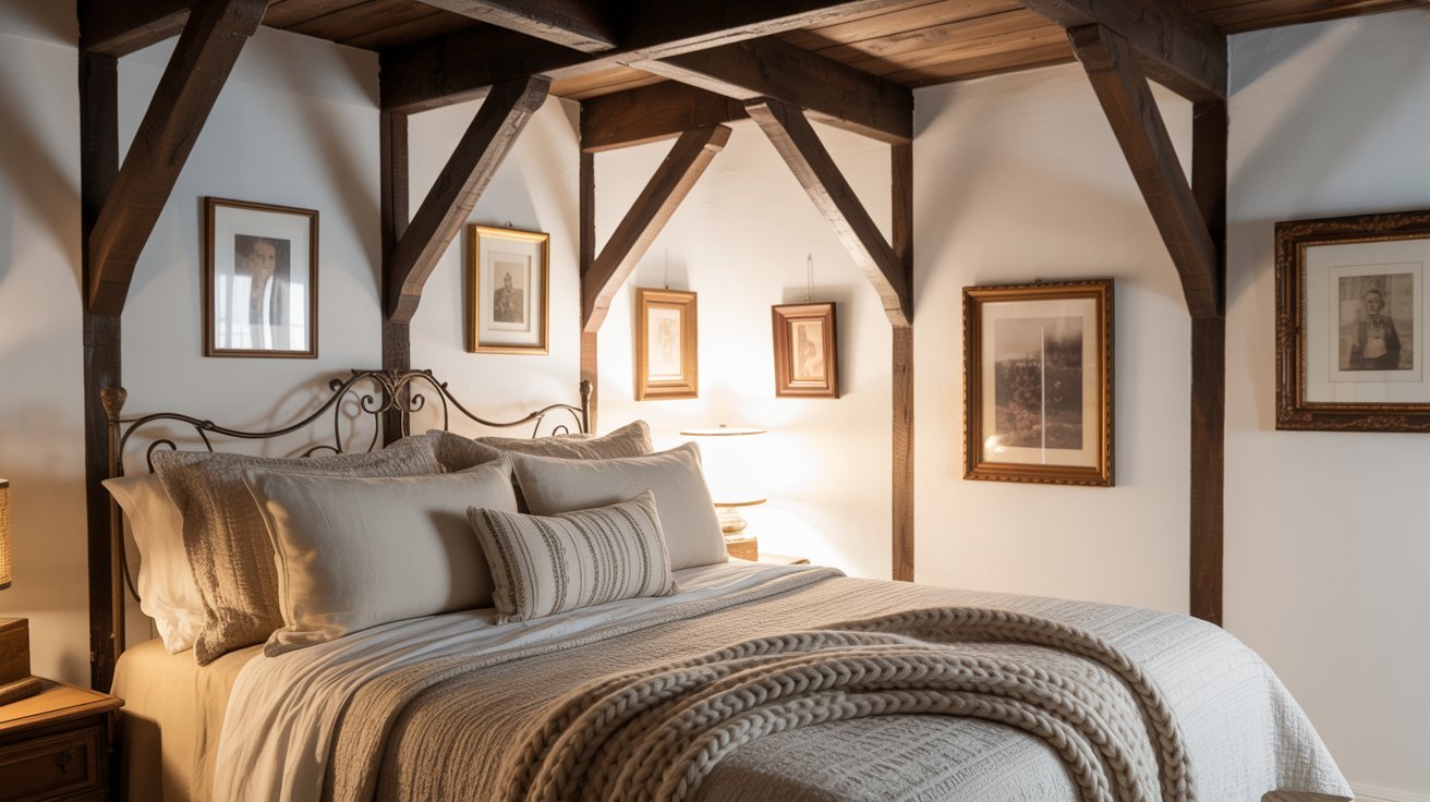 A cozy bedroom featuring a bed and exposed wooden beams on the ceiling, creating a warm and inviting atmosphere.