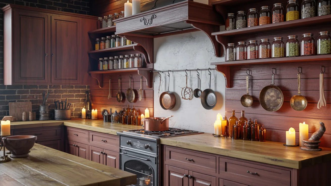 A kitchen featuring a wooden counter and shelves, showcasing a warm and inviting atmosphere.