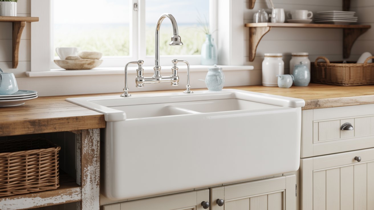 A white kitchen sink set against wooden cabinets, showcasing a clean and modern design.