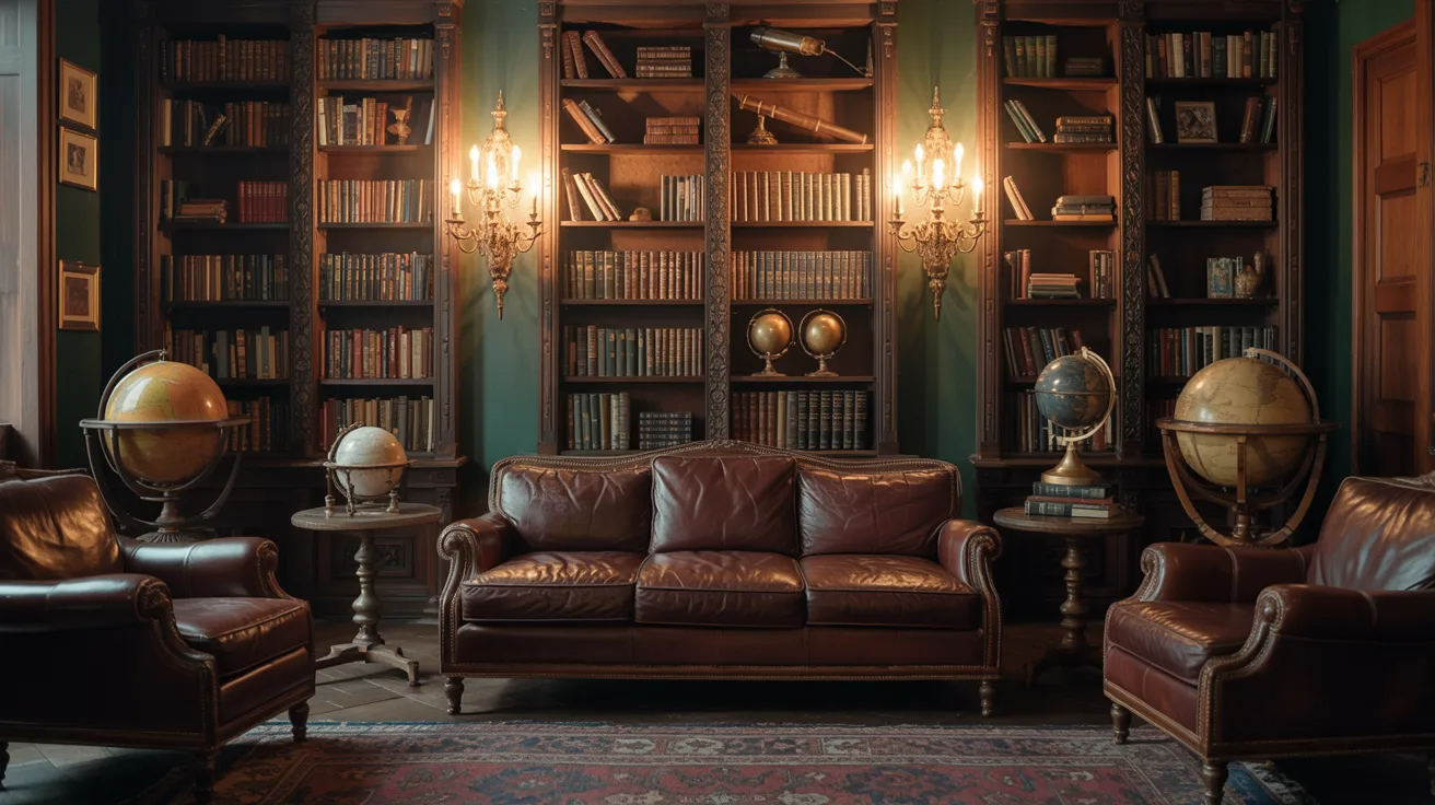  An inviting library scene with plush leather chairs and extensive bookshelves lined with various books.