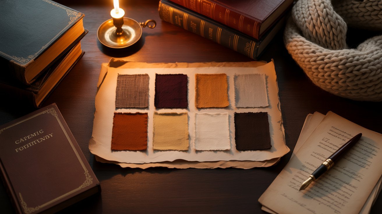 . A table with an open book, a pen beside it, and a few aged books in the background.