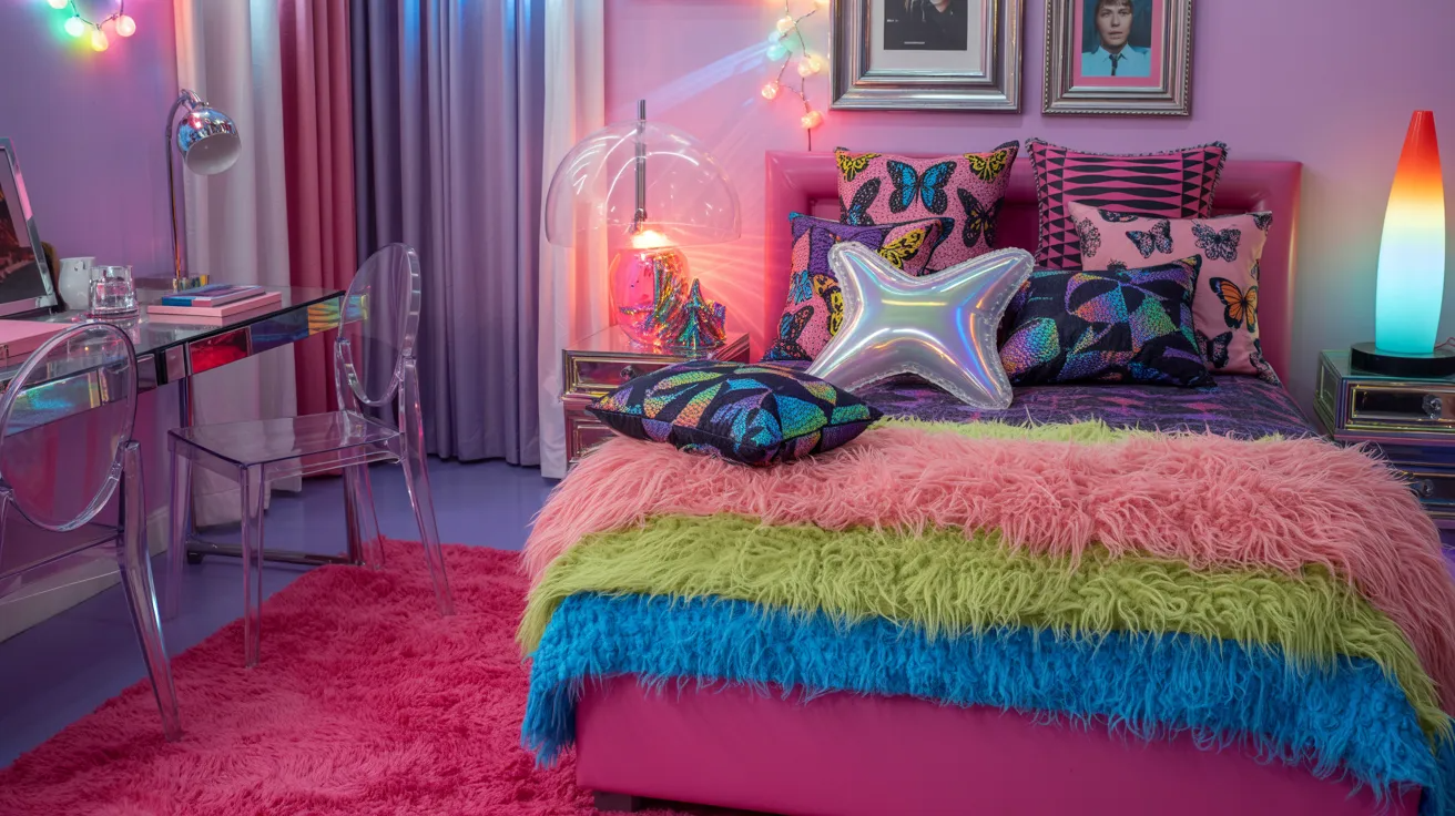 A vibrant bedroom featuring colorful bedding and a glowing neon light, creating a lively and inviting atmosphere.