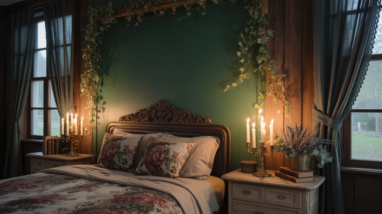 A tranquil bedroom showcasing a bed, glowing candles, and a vibrant green wall.