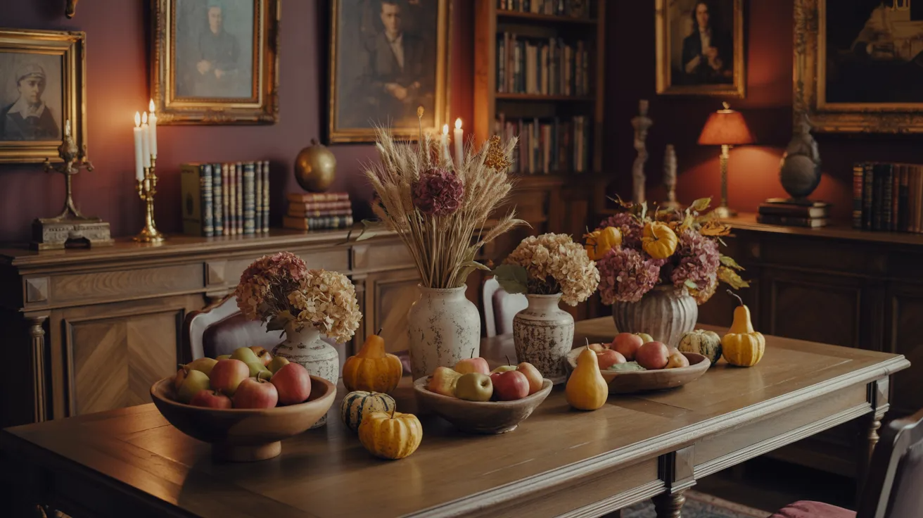 A table displaying a variety of apples, pumpkins, and assorted fruits arranged attractively.
