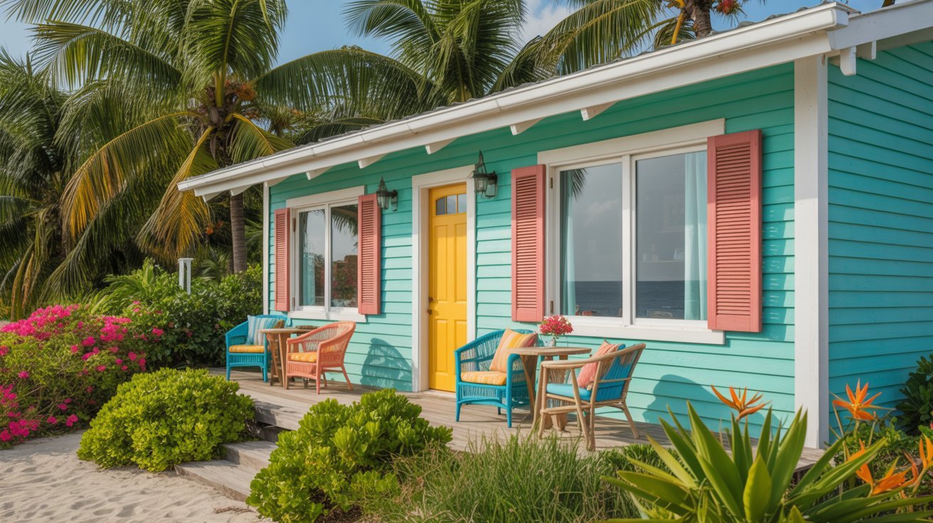 A vibrant beach house surrounded by colorful chairs and blooming flowers, creating a cheerful coastal atmosphere.