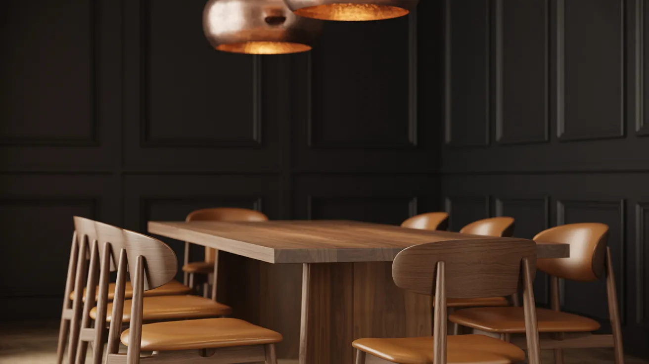  A dining table with chairs set in a room featuring black walls, creating a modern and elegant atmosphere.