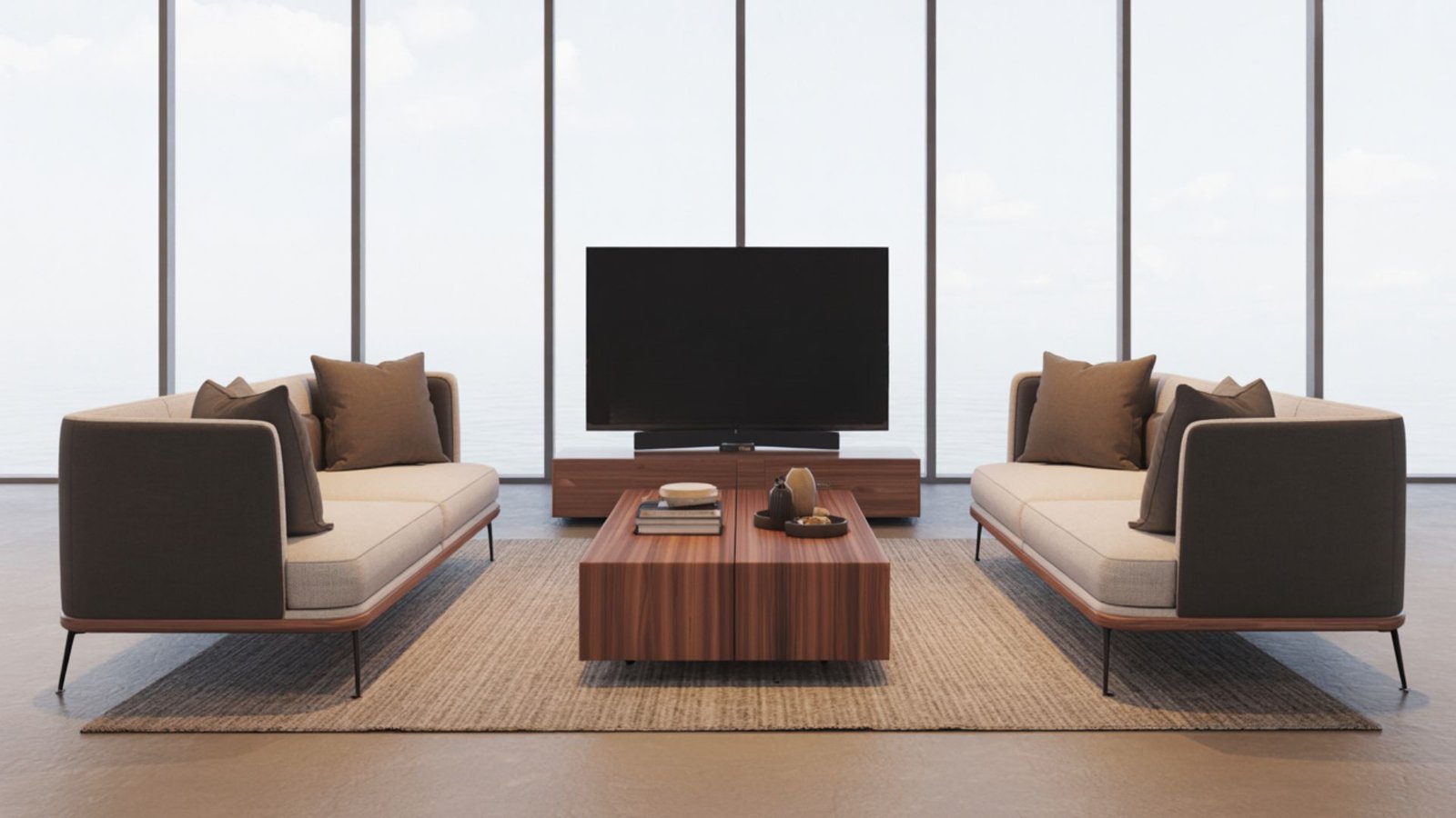 A contemporary living room featuring a wall-mounted television and modern furnishings.