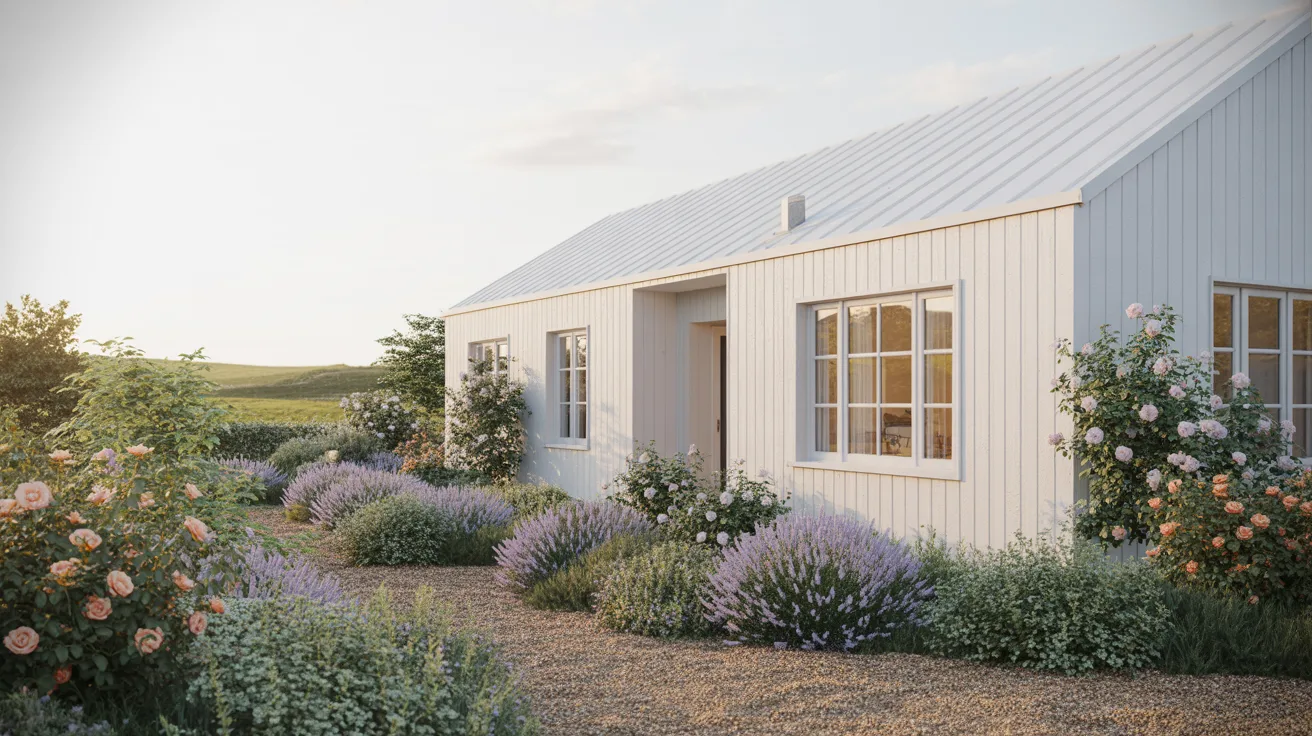  A small white cottage surrounded by colorful flowers and lush shrubs in a serene garden setting.