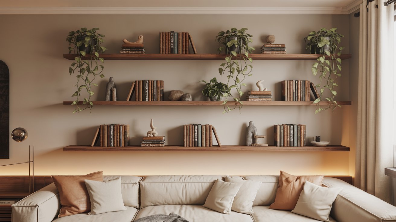 A cozy living room featuring a couch, bookshelves filled with books, and a standing lamp illuminating the space.