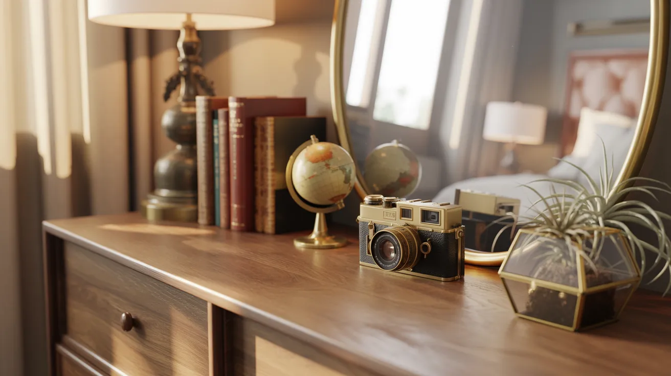 A dresser displaying a mirror, several books, and a camera arranged neatly on top.