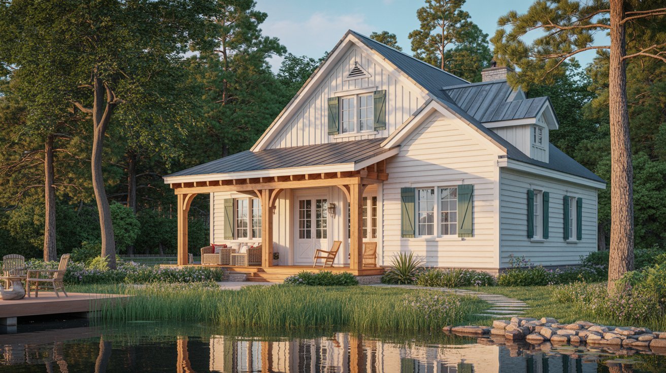 A quaint cottage beside a serene pond, surrounded by lush greenery and reflecting the clear blue sky.