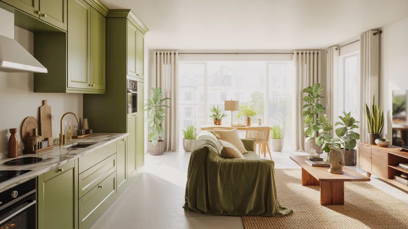 Bright, modern living room with green cabinetry and plants. A cozy sofa faces a wooden coffee table. Large windows let in abundant natural light.