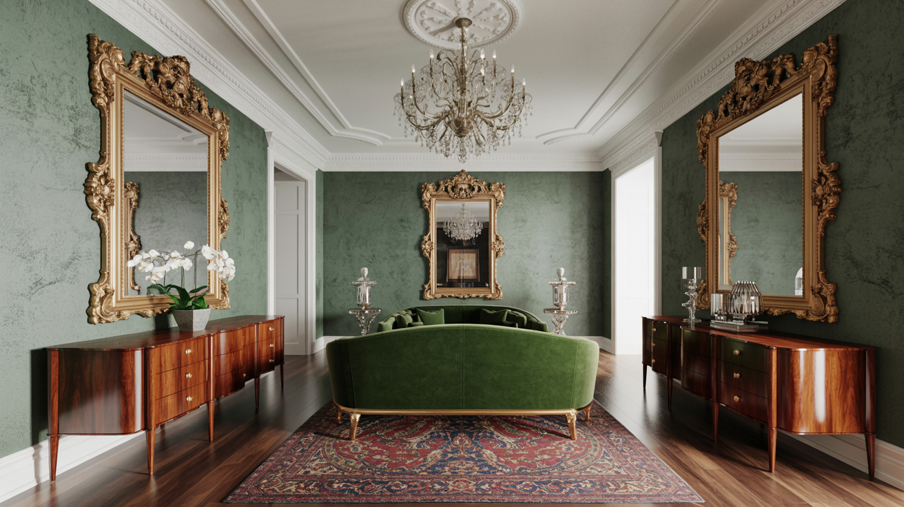 A green room featuring a gold chair and a decorative mirror reflecting the space.