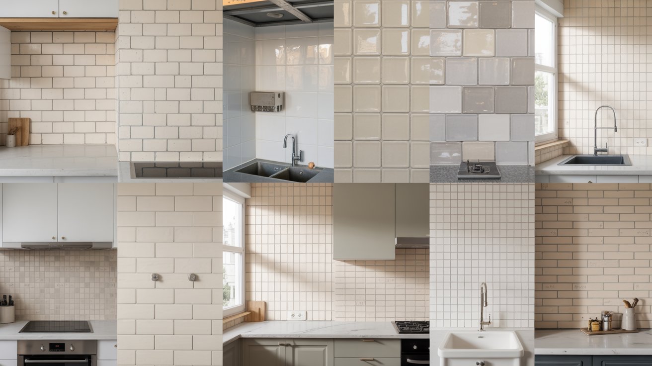  A collage showcasing various styles and colors of kitchen tiles arranged artistically.
