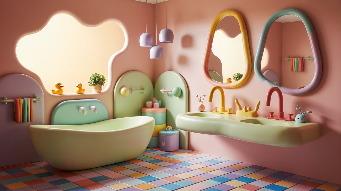 A bright bathroom featuring a bathtub surrounded by colorful toys scattered on the floor.