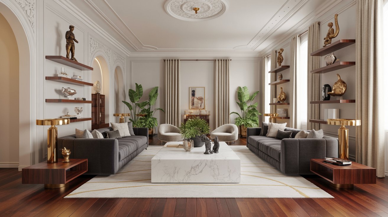 A modern living room showcasing a marble table with matching chairs for a sophisticated look.