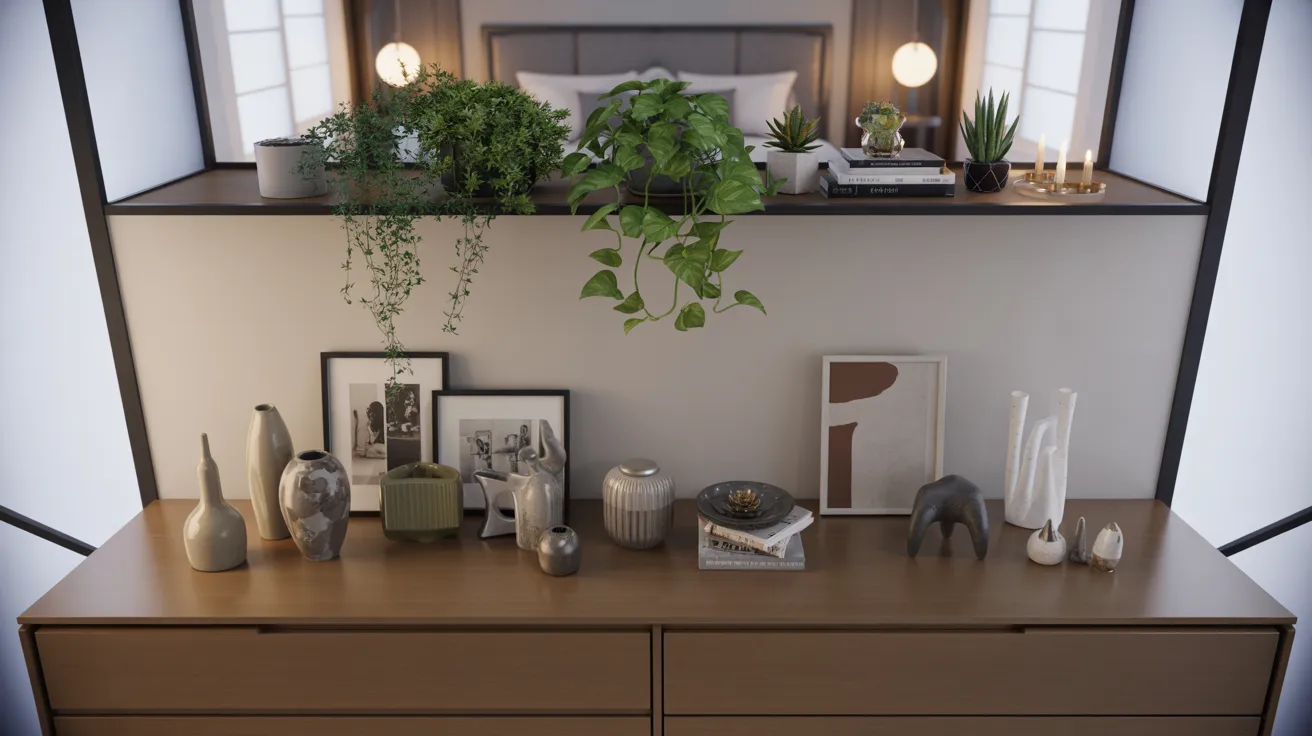 A serene bedroom with various plants and elegant vases displayed on the dresser.