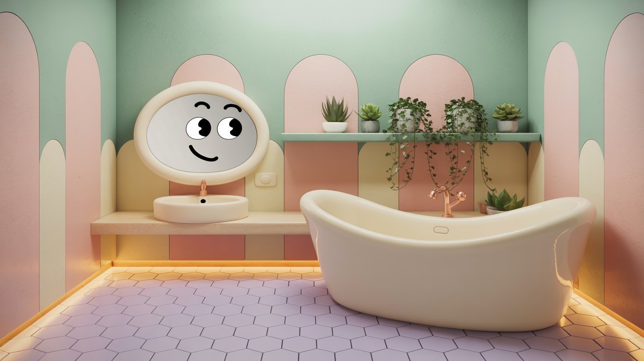 A bathroom featuring a bathtub and a cheerful smiley face decoration on the wall.
