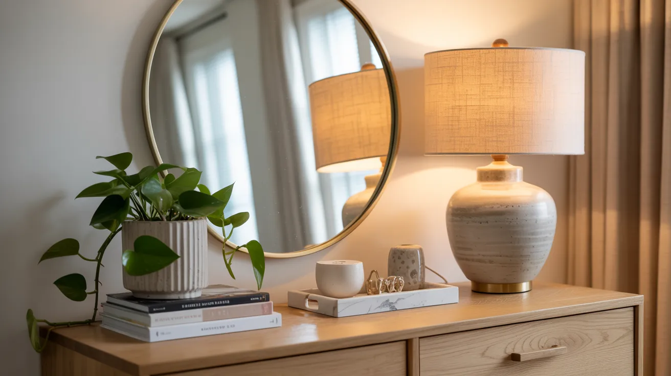 A lamp, a mirror, and a potted plant arranged on a wooden dresser in a well-lit room.