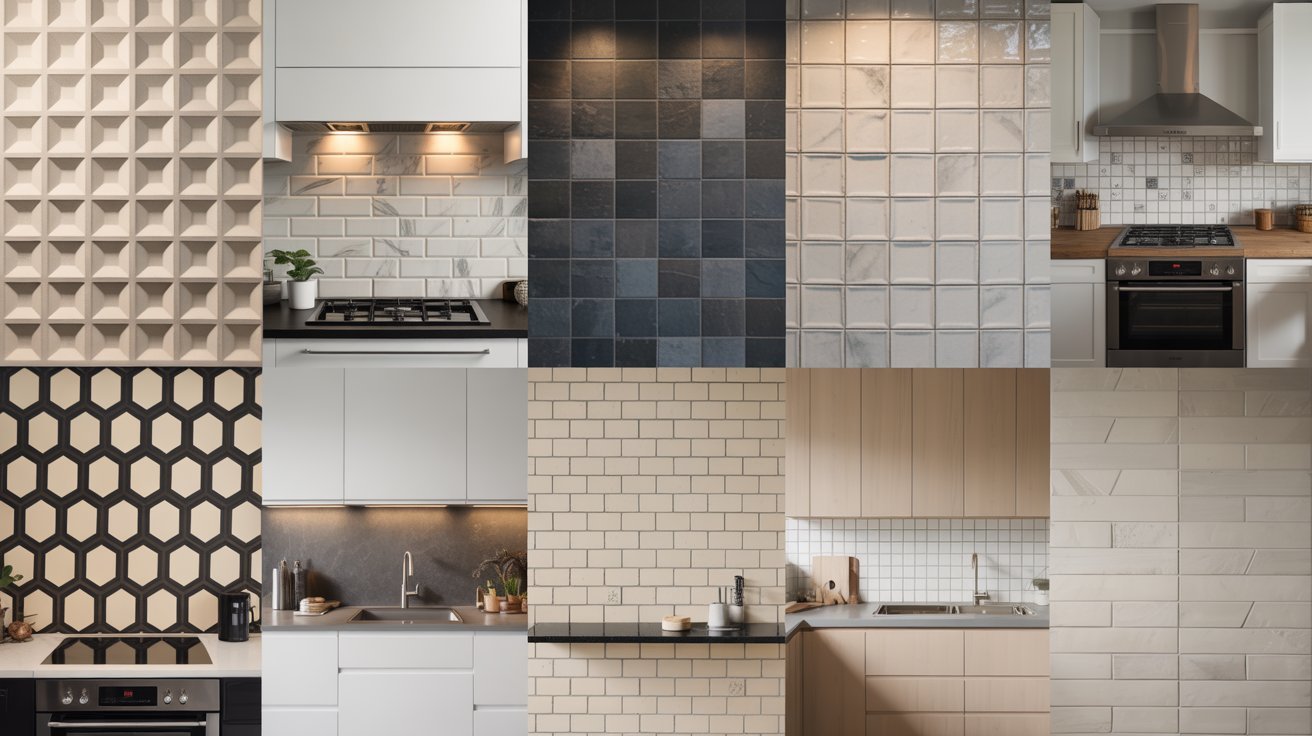 A collage showcasing various colorful tile designs, featuring different patterns and textures.

