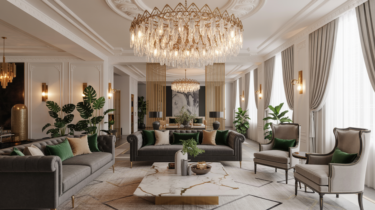  Elegant luxury living room showcasing modern furniture, rich textures, and sophisticated decor elements.