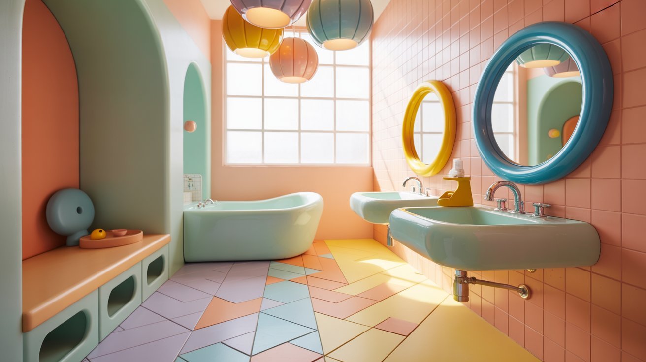  A vibrant bathroom featuring a colorful tile floor that adds a lively touch to the space.