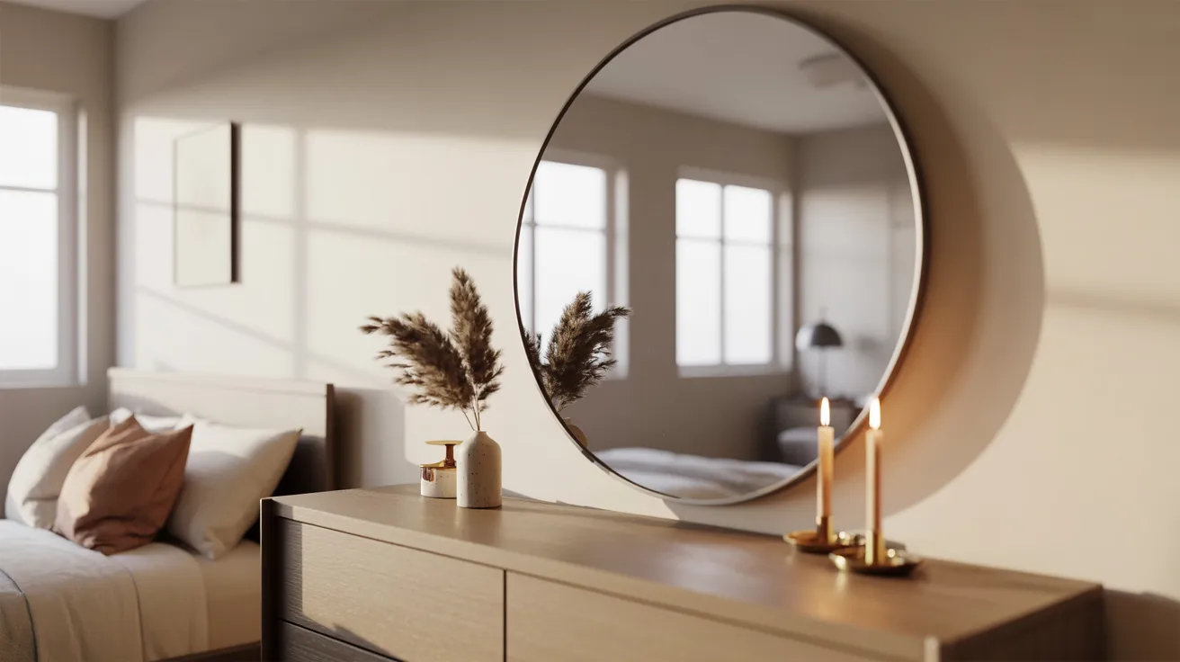A cozy bedroom featuring a bed and a large mirror reflecting the room's decor.