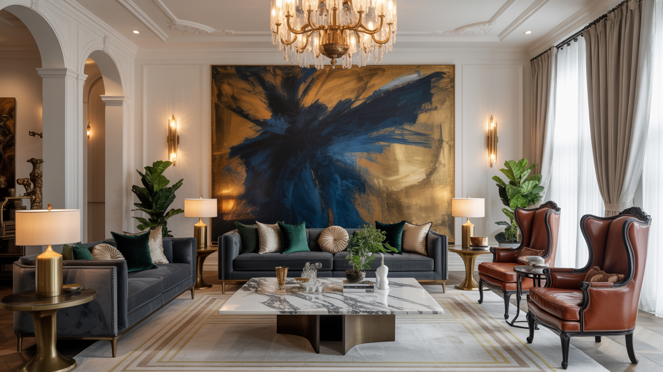 A spacious living room featuring a large, colorful painting prominently displayed on the wall.