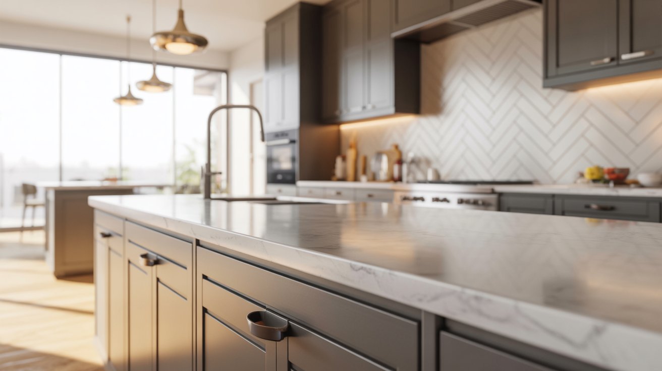 A modern kitchen featuring a sleek marble countertop and stainless steel appliances.
