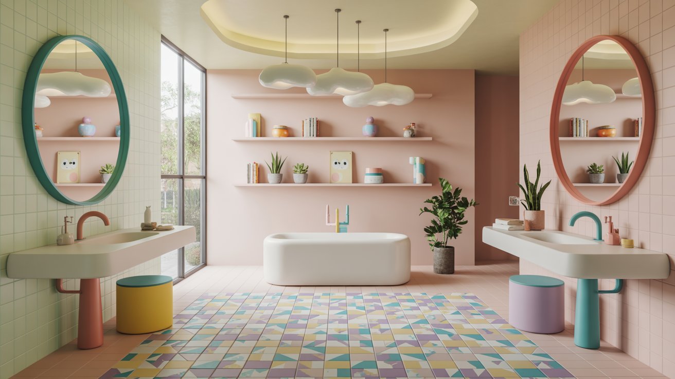 A vibrant bathroom featuring a colorful rug and a stylish bathtub, creating a cheerful and inviting atmosphere.
