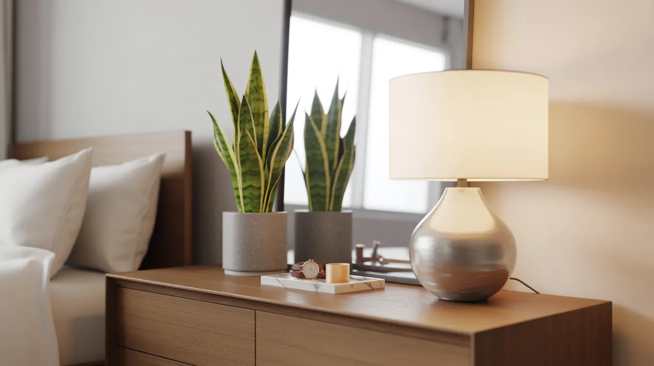 A bedside table featuring a lamp and a small potted plant, creating a cozy and inviting atmosphere.