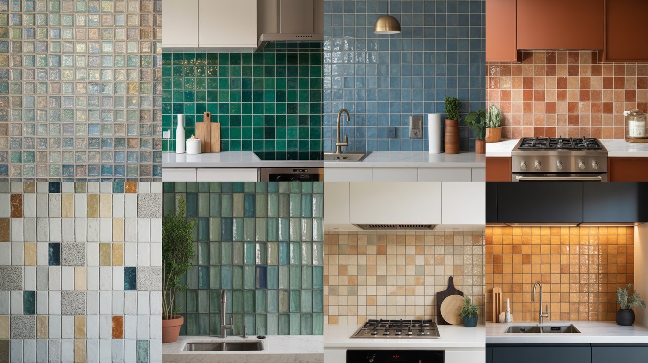 A colorful collage of various tiles displayed in a kitchen setting, showcasing different patterns and textures.