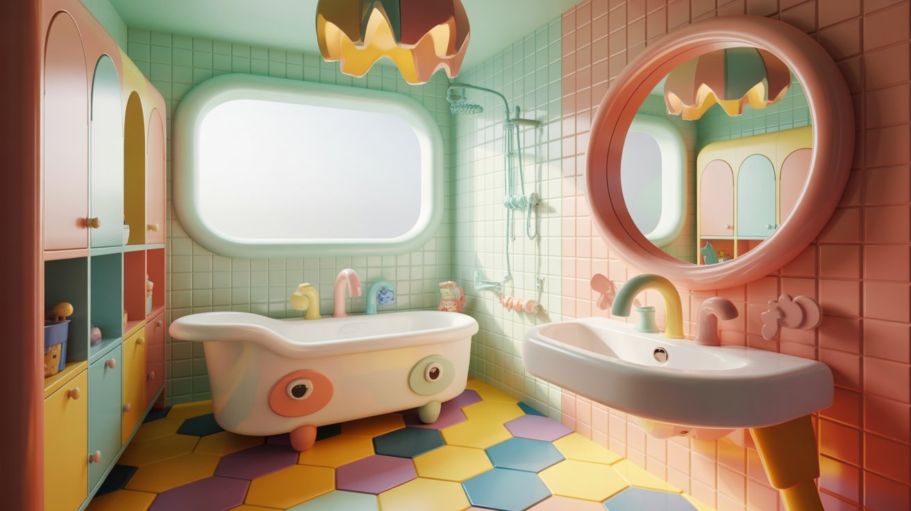 A bright and colorful bathroom with a spacious bathtub and a sleek sink, highlighting cheerful design elements.
