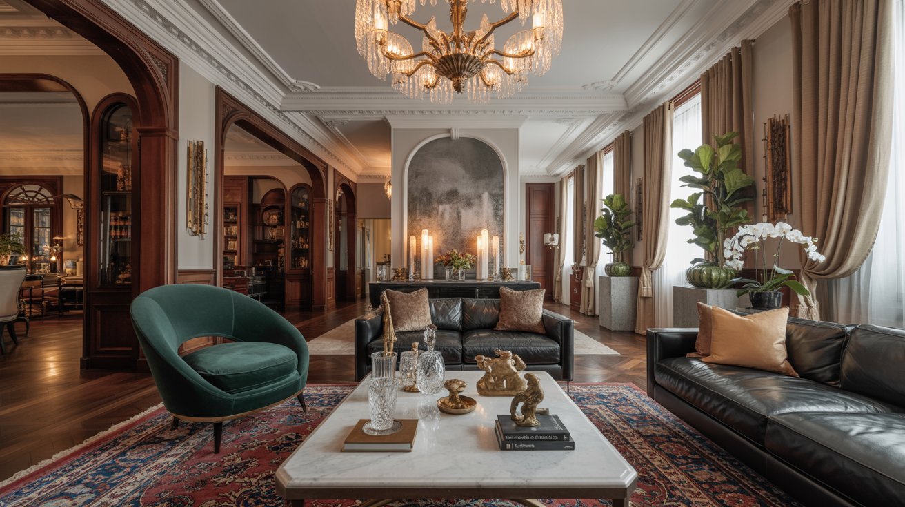 A stylish living room featuring leather furniture and an elegant chandelier hanging from the ceiling.