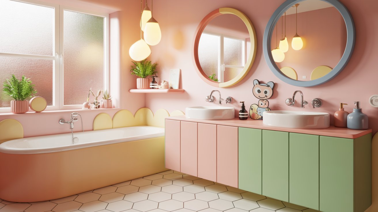 A vibrant bathroom featuring pink, green, and yellow colors, creating a cheerful and lively atmosphere.