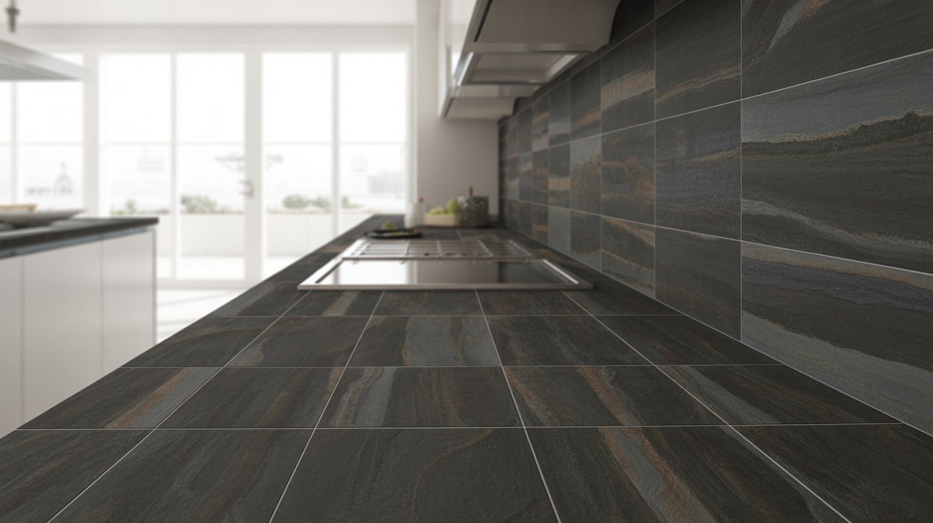 A stylish kitchen with dark tiles and a bright white countertop, creating a contemporary look.