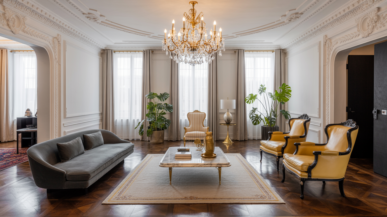 A cozy living room featuring a stylish chandelier above a comfortable couch.
