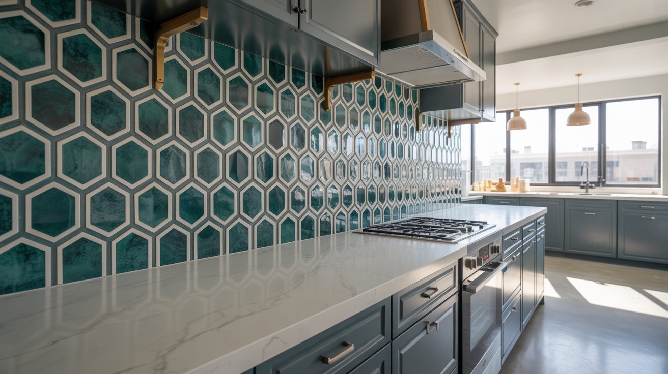 A modern kitchen featuring a green and white tile backsplash, enhancing the overall aesthetic of the space.