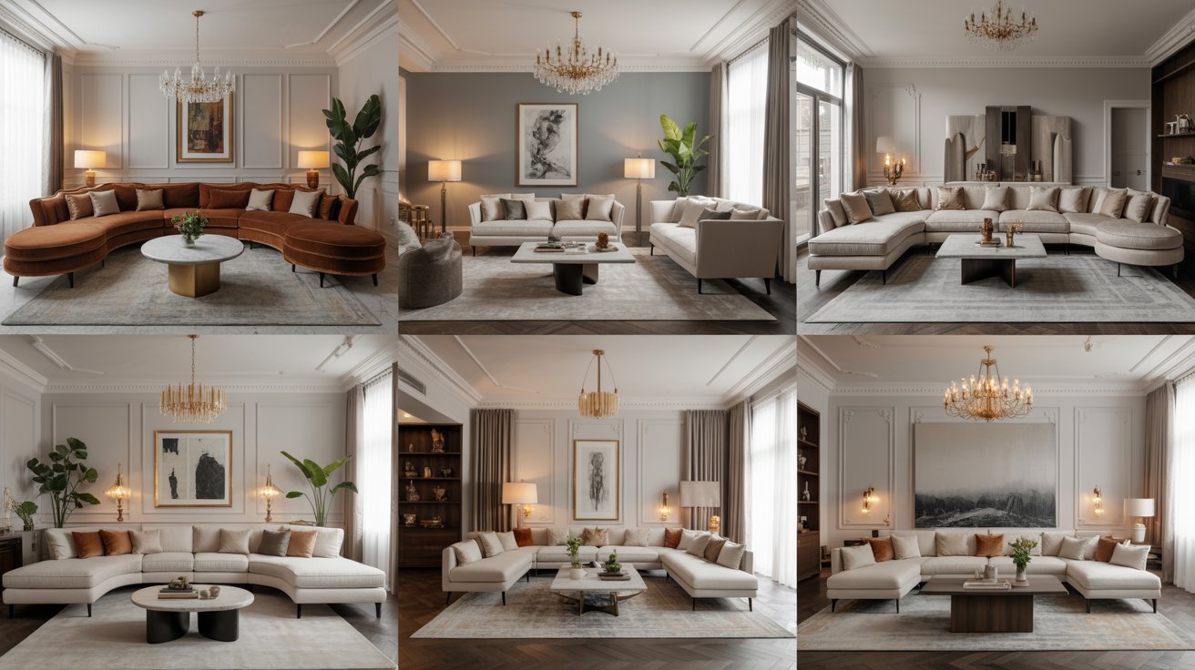 A collage showcasing various living room furniture pieces, including sofas, chairs, and coffee tables in different styles.
