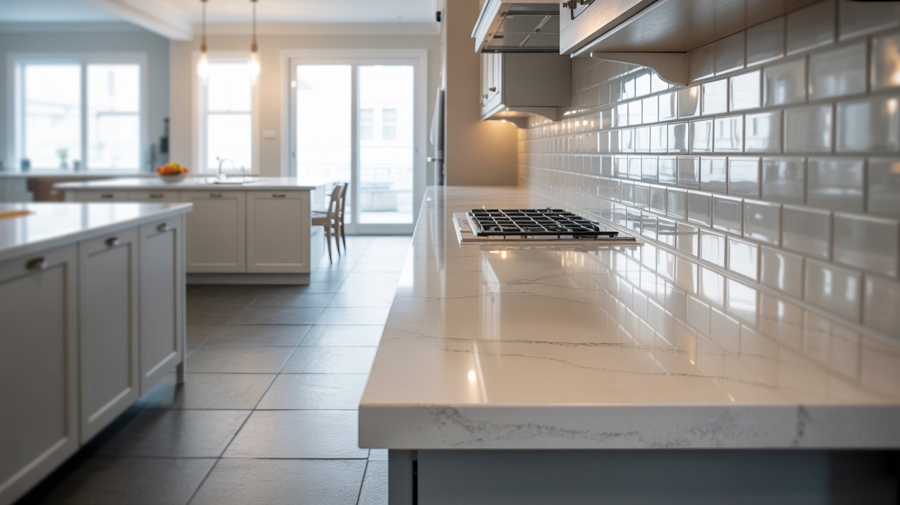 Bright kitchen with elegant white cabinetry and a polished marble countertop.