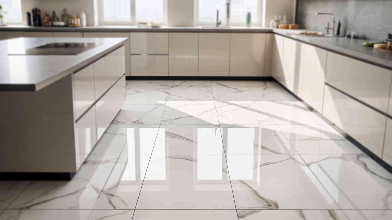 A stylish kitchen showcasing polished marble floors and contemporary white cabinetry.