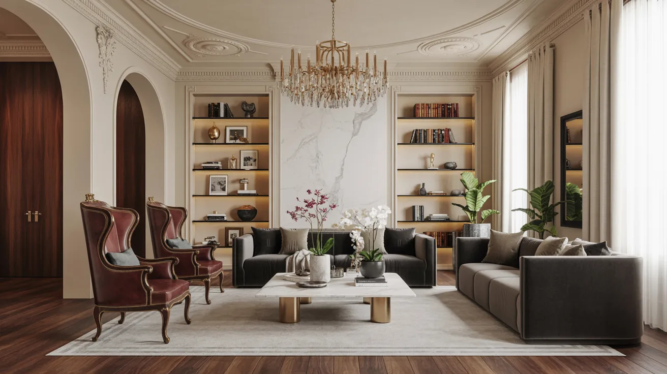 A cozy living room featuring a stylish couch and an elegant chandelier hanging from the ceiling.