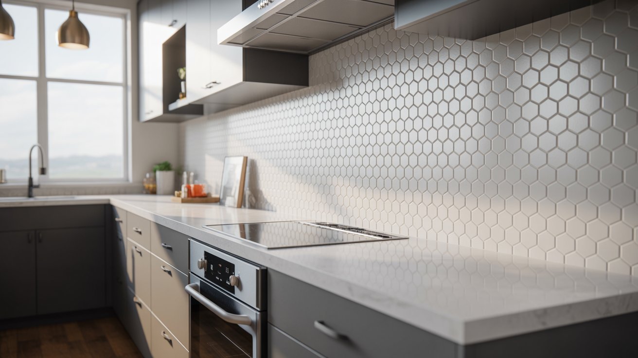 A modern kitchen featuring white tile flooring and sleek gray cabinets.