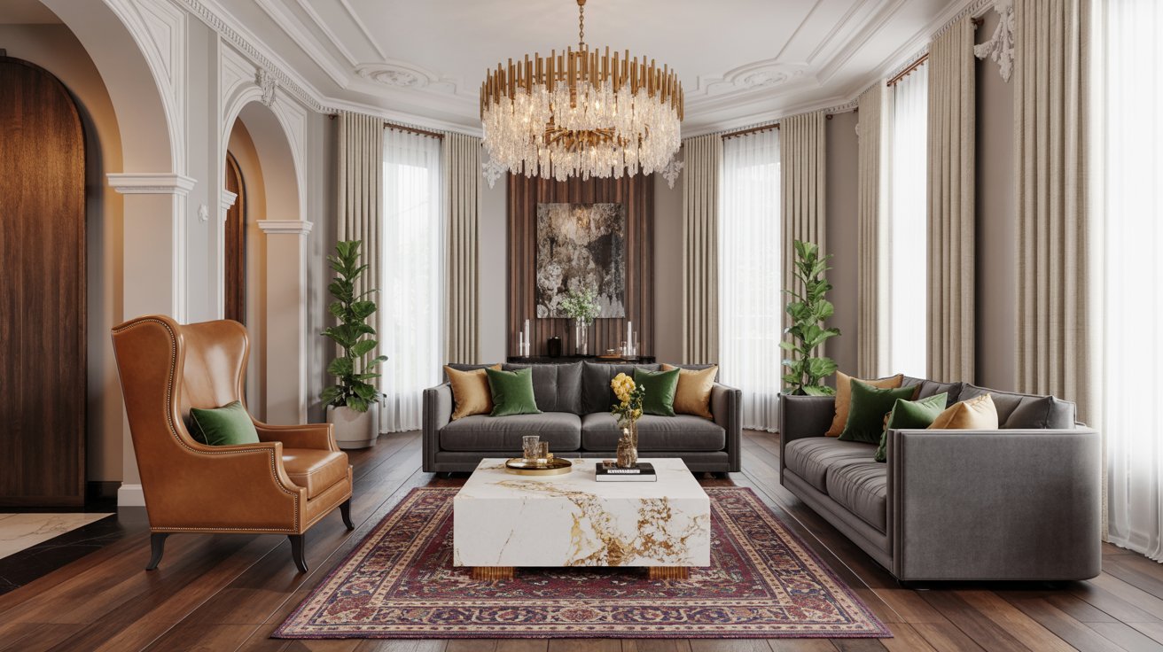 Elegant luxury living room showcasing modern design elements, plush furnishings, and sophisticated decor ideas.