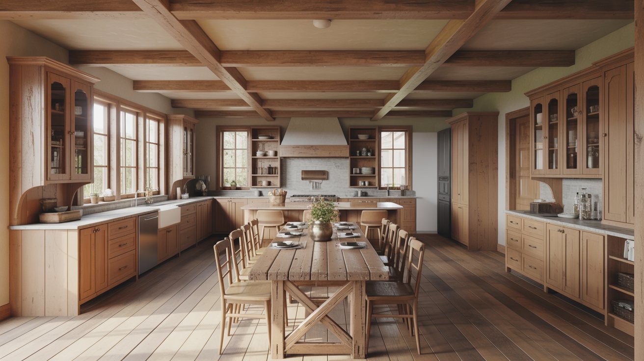 A kitchen featuring wooden floors and a wooden table, creating a warm and inviting atmosphere.