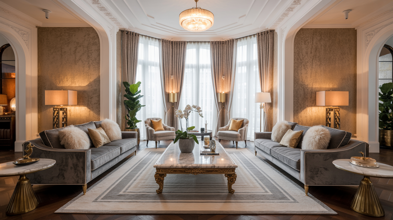 A cozy living room decorated in soothing neutral tones, with elegant furnishings that promote a tranquil environment.