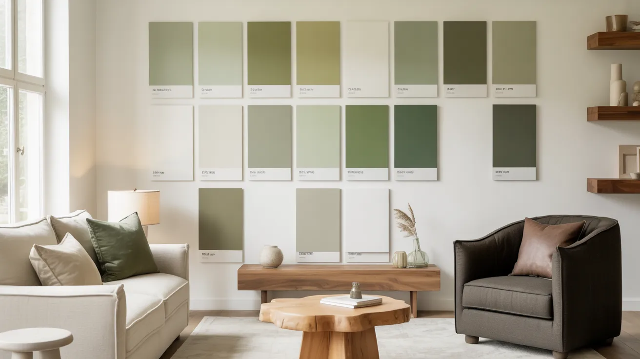 A cozy living room with a cream sofa and green cushions, a dark gray armchair, and a wooden coffee table. A wall displays green paint swatches, evoking a calm, earthy feel.