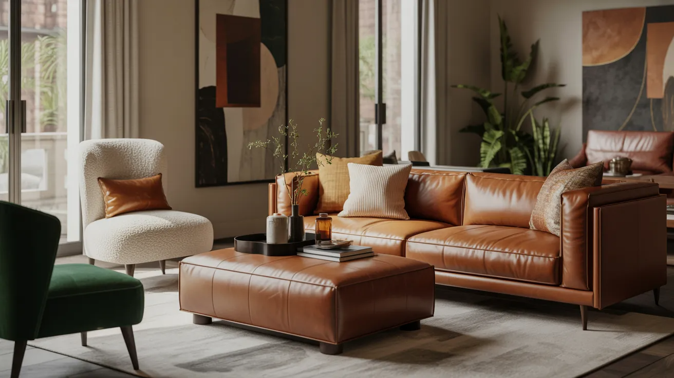 Modern living room with a brown leather sofa, white textured armchair, and large leather ottoman. Artworks and indoor plants create a cozy atmosphere.