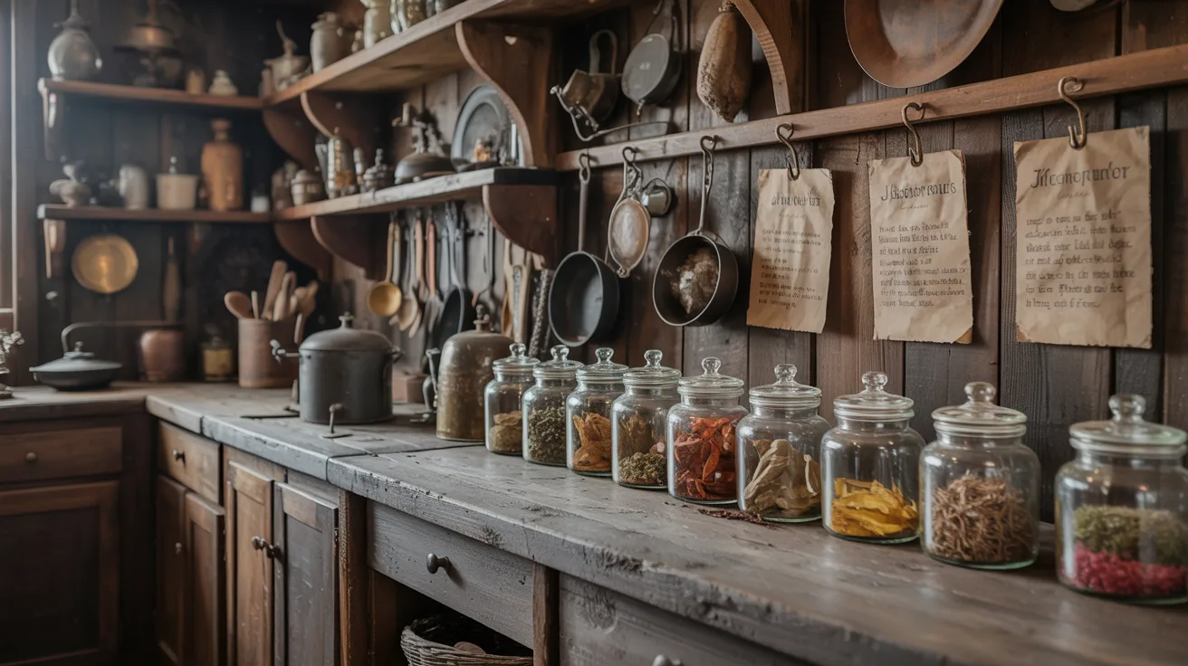 A kitchen counter displaying various jars and kitchen items, creating a cozy and organized cooking space.