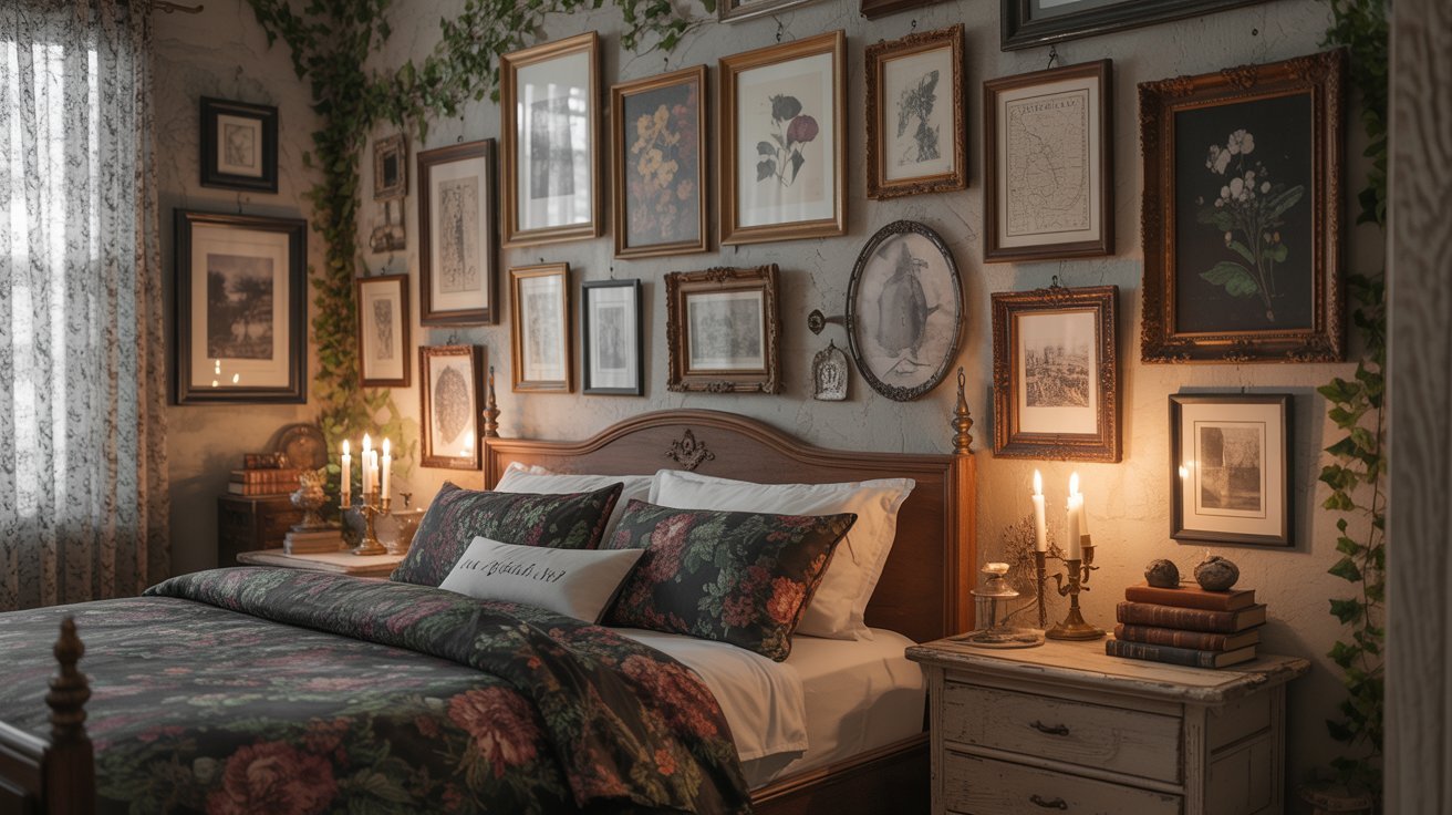 A cozy bedroom featuring a bed, a lamp, and framed pictures adorning the walls.